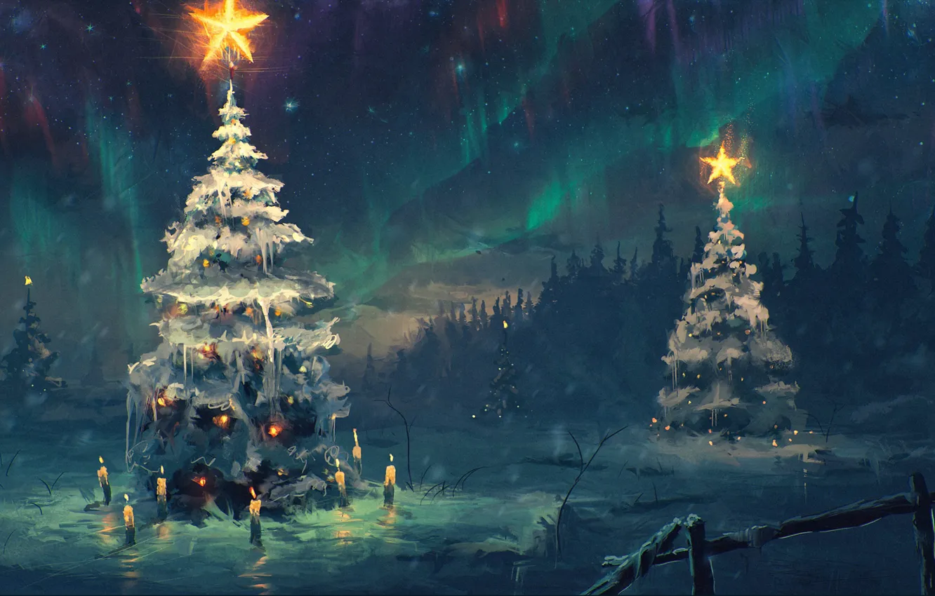 Photo wallpaper winter, the sky, stars, snow, night, tree, new year, Northern lights