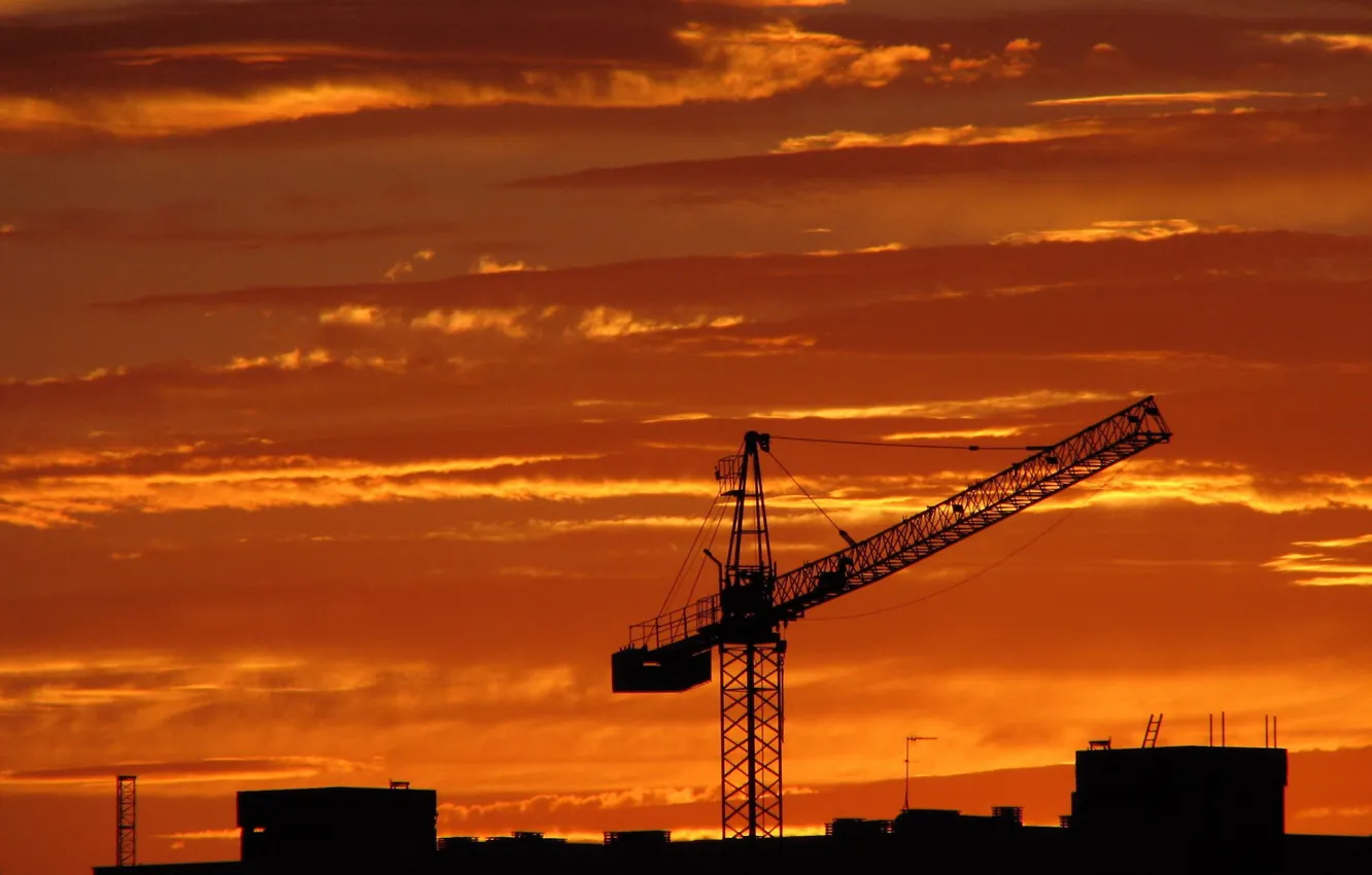 Photo wallpaper sunset, crane, Construction