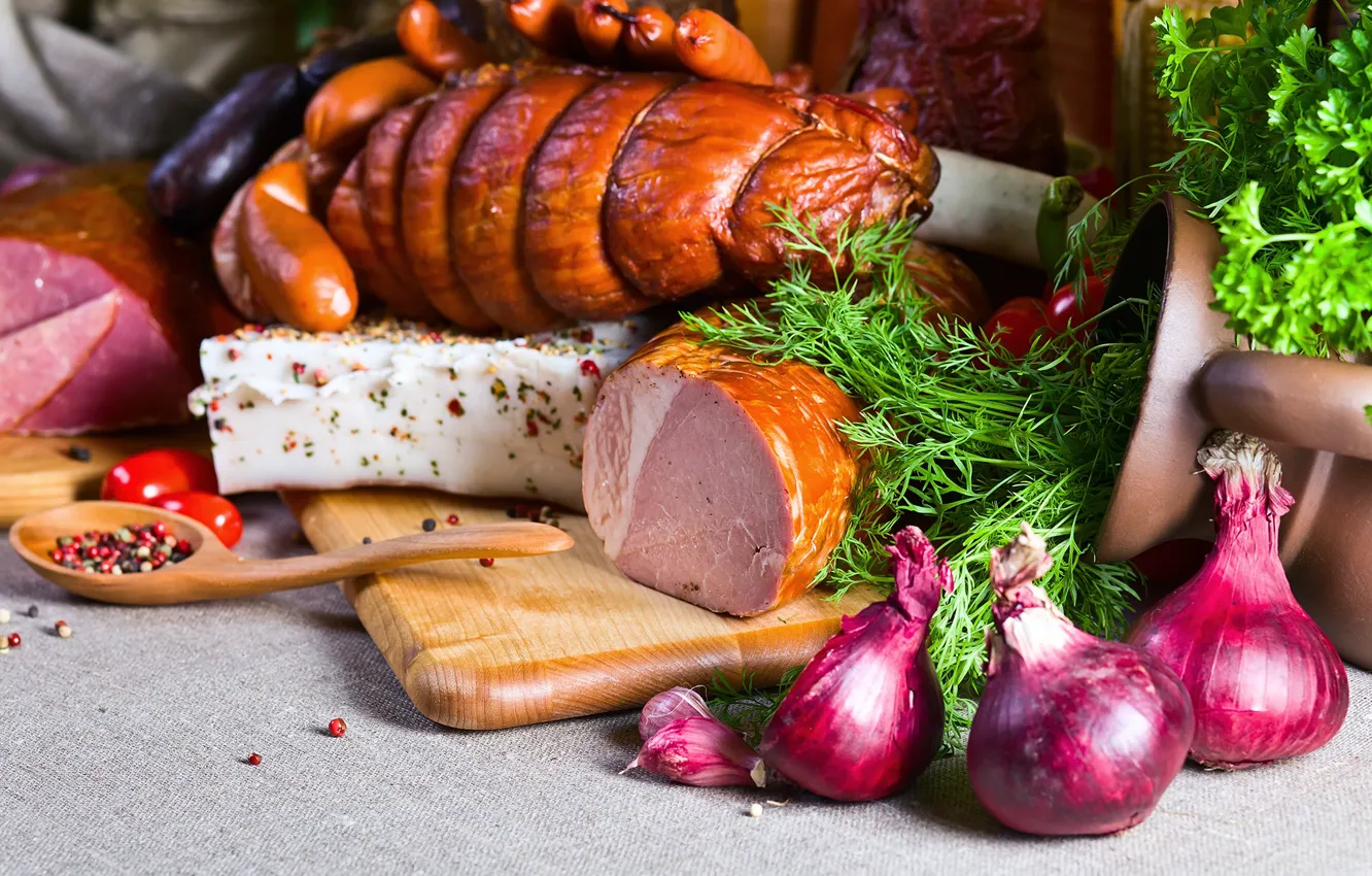 Photo wallpaper greens, bow, sausage, spices, ham