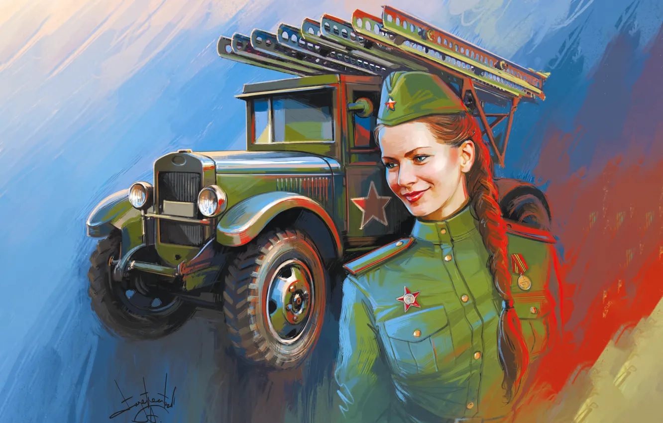 Photo wallpaper machine, girl, transport, figure, soldiers, girl, USSR, fighter