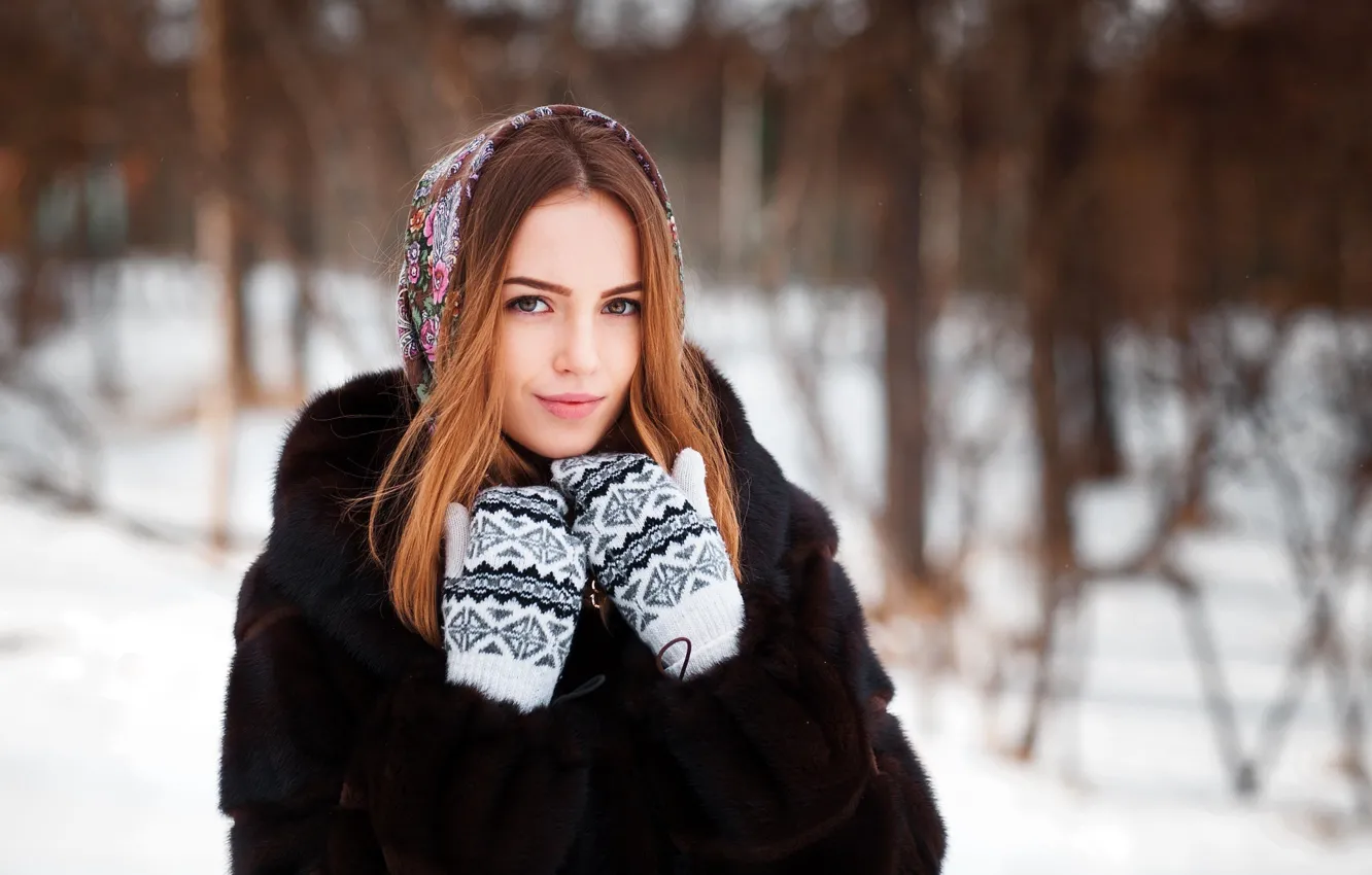 Photo wallpaper winter, look, snow, trees, nature, pose, model, portrait