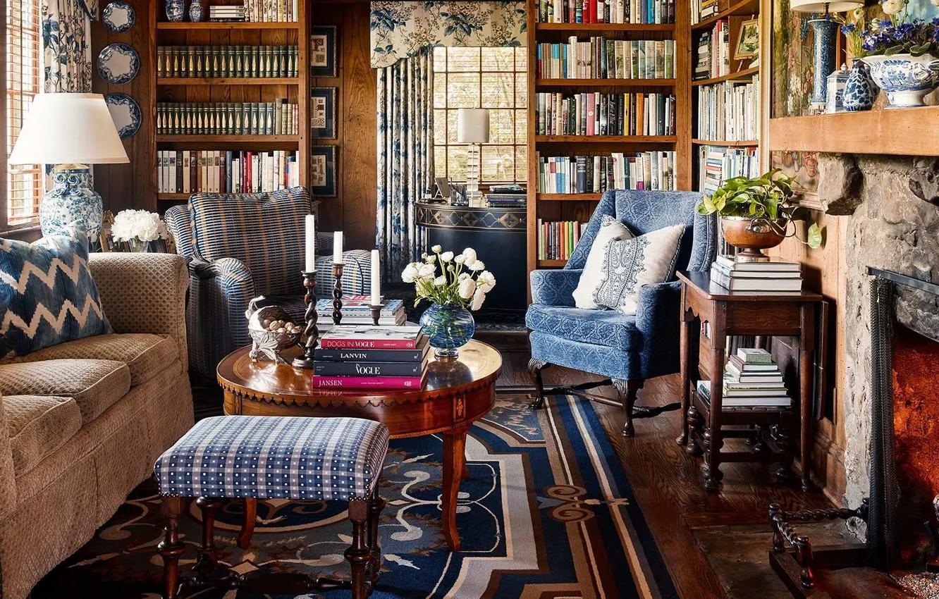 Photo wallpaper design, interior, fireplace, library, classic, living room, English style