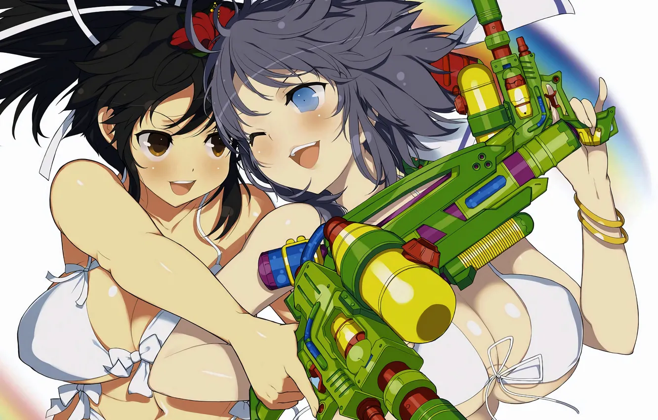 Photo wallpaper sexy, cleavage, girls, boobs, anime, blue eyes, beautiful, short hair