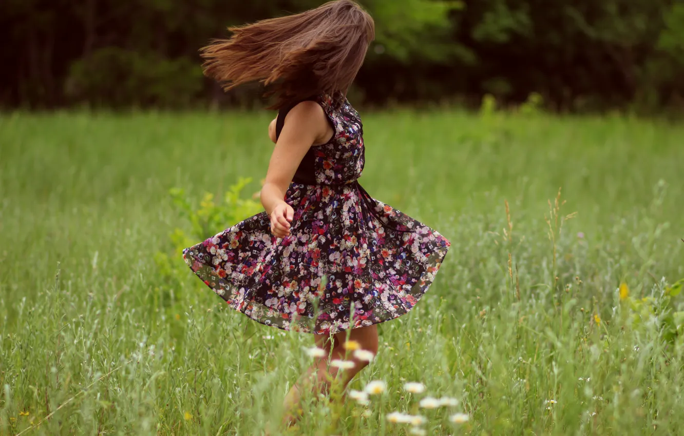 Photo wallpaper field, grass, girl, dress, brown hair