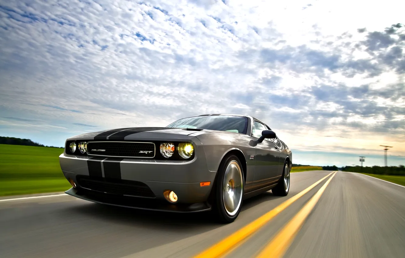 Photo wallpaper auto, the sky, lights, grille, Dodge, Challenger, Dodge, in motion
