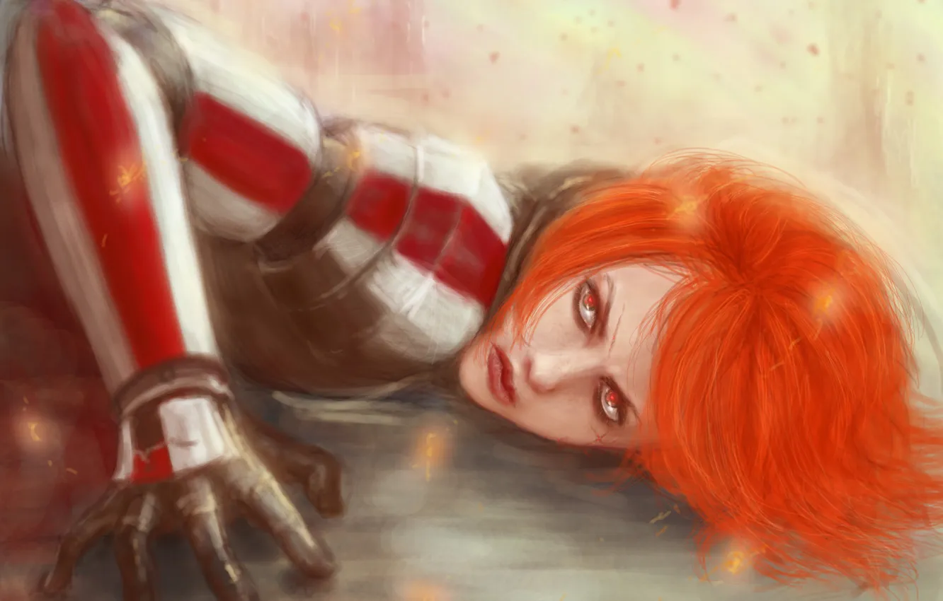 Photo wallpaper girl, hair, art, red, armor, mass effect, Shephard