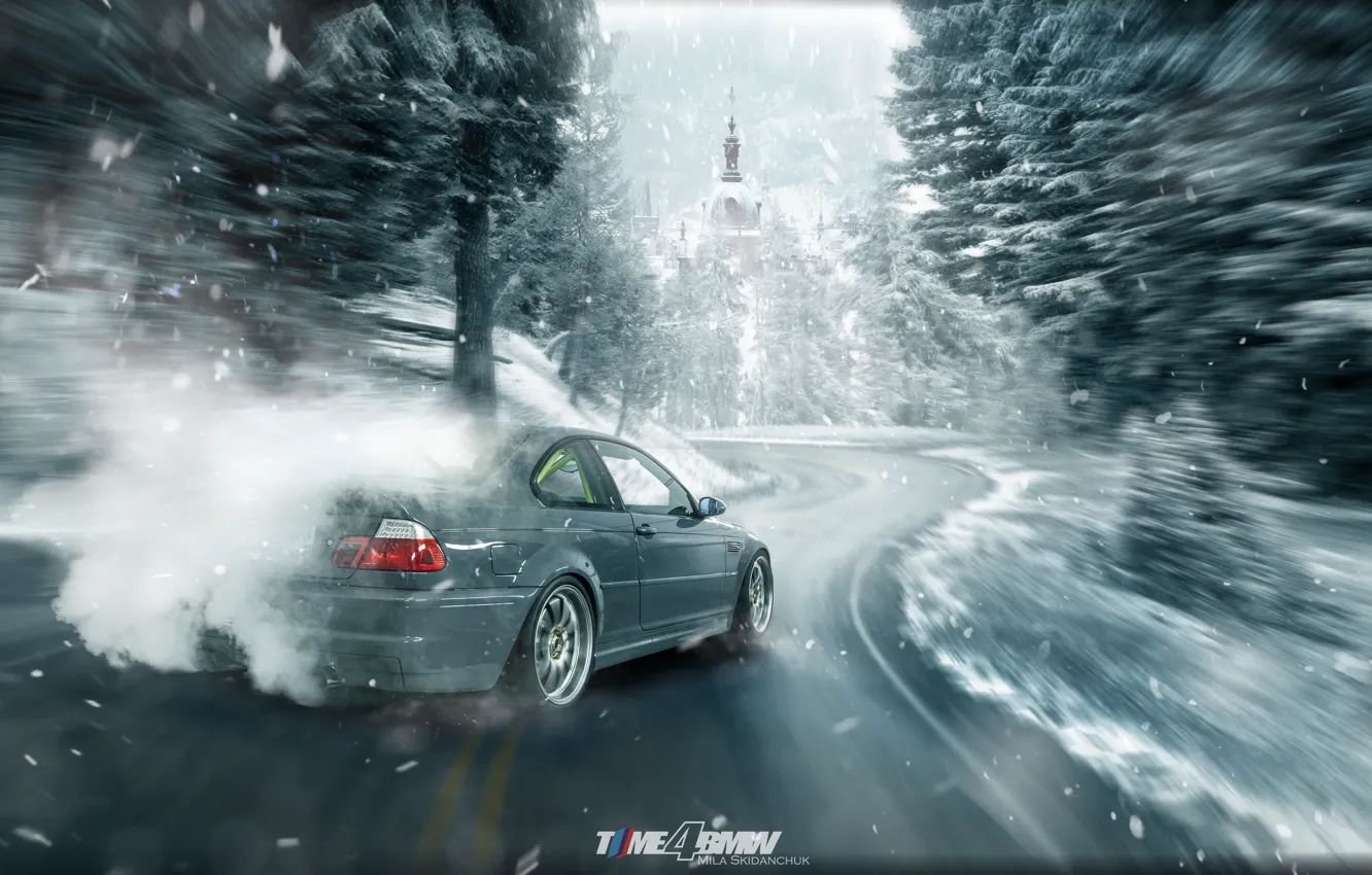 Photo wallpaper winter, car, machine, auto, forest, city, fog, race