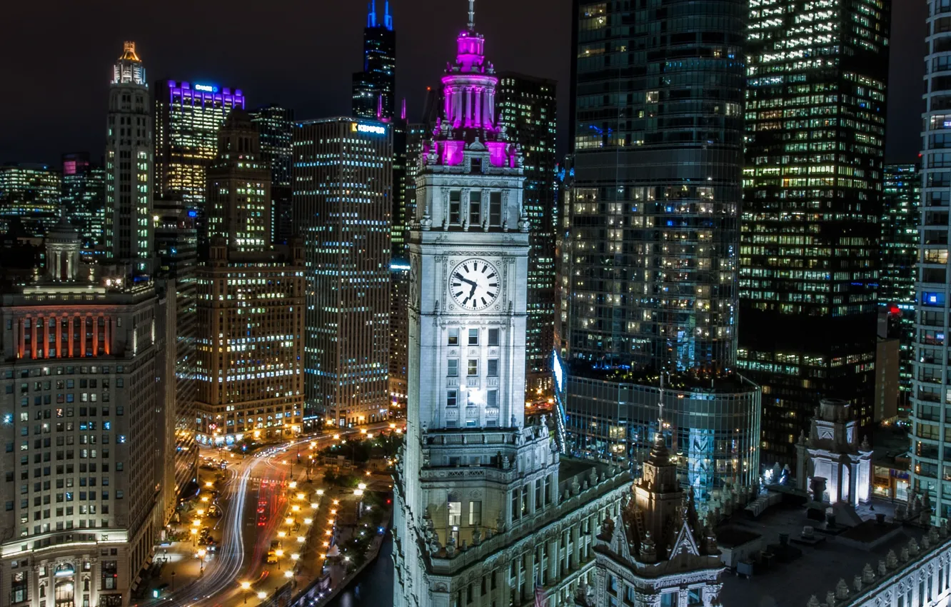 Photo wallpaper night, lights, watch, tower, home, Chicago, USA, Il