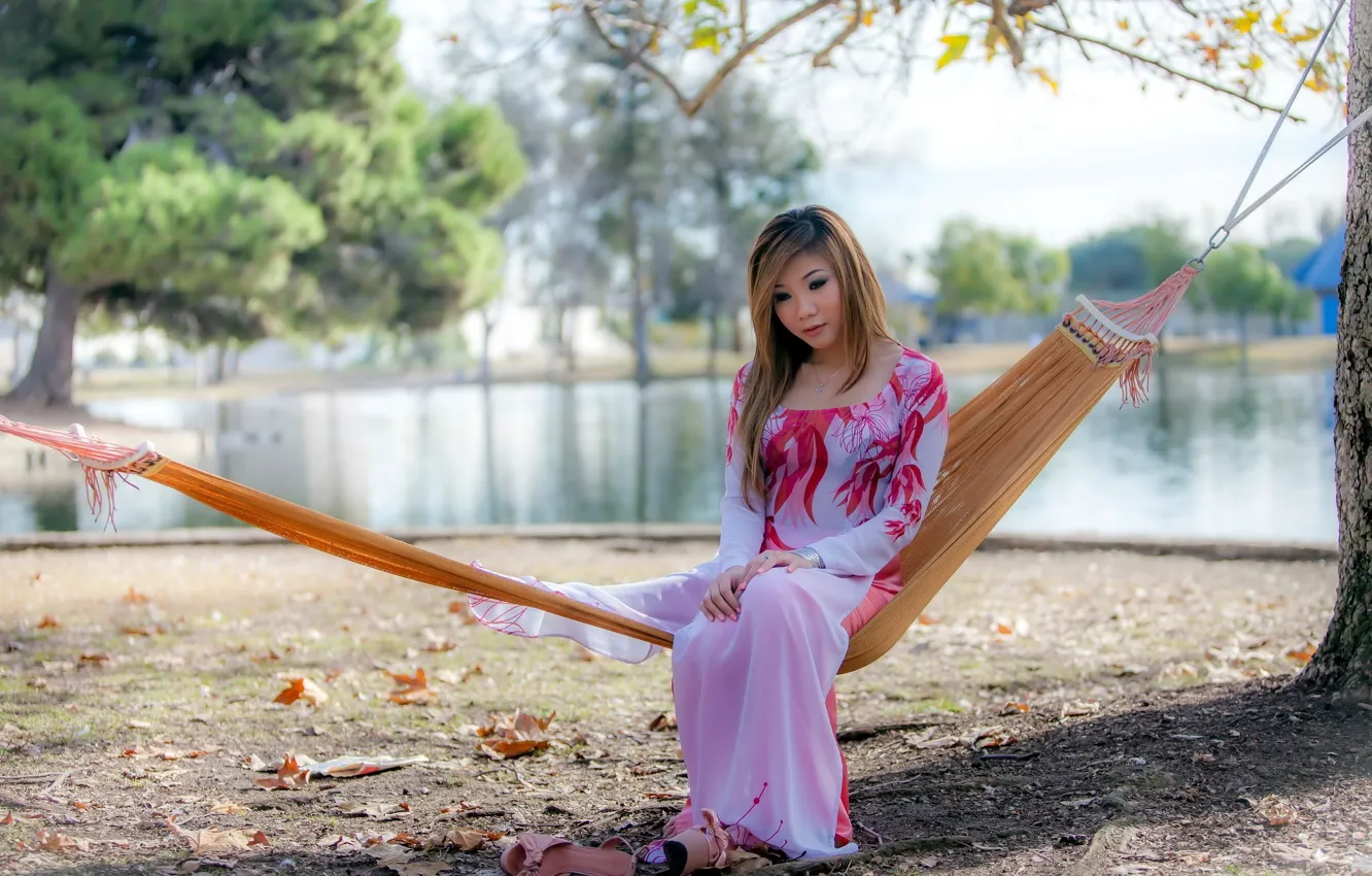 Photo wallpaper girl, nature, pose, dress, hammock, Asian