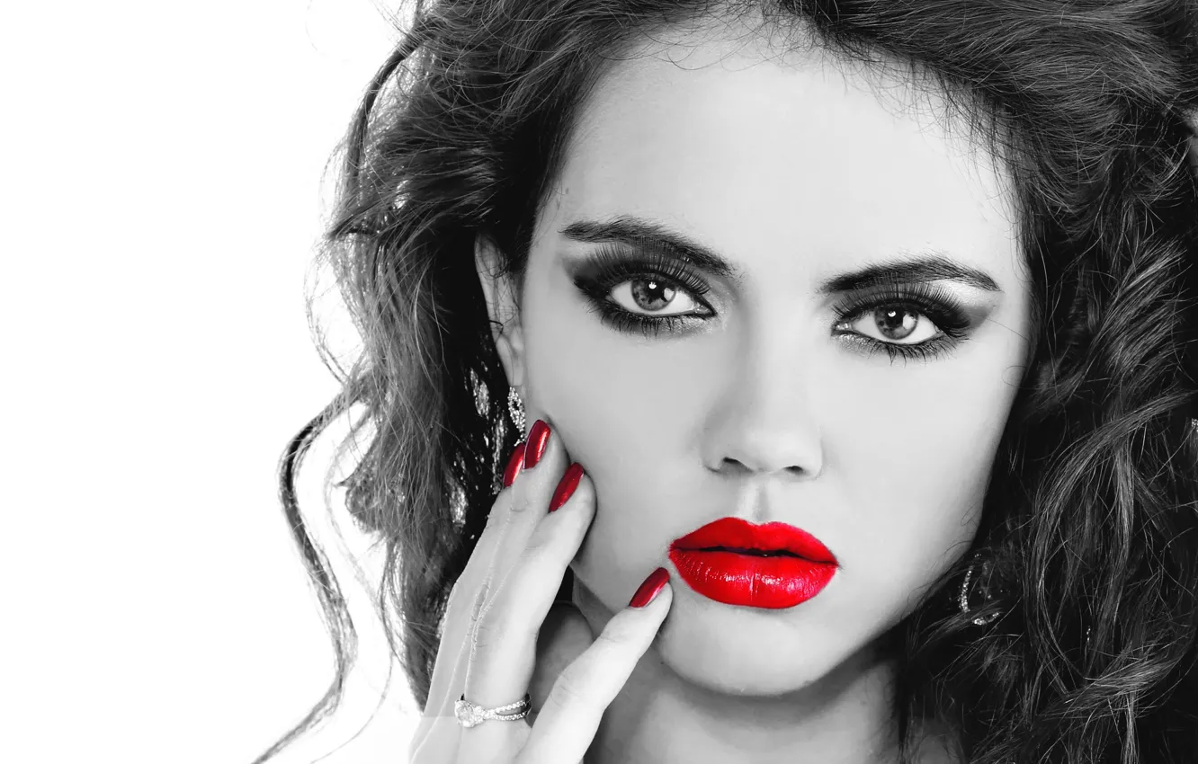 Photo wallpaper eyes, look, girl, eyelashes, background, hair, hands, makeup