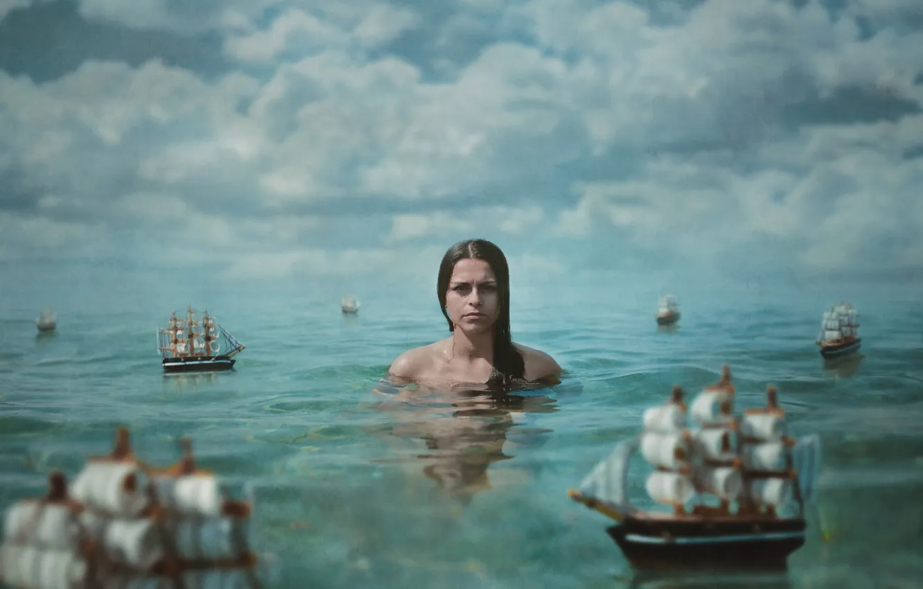 Photo wallpaper sea, water, girl, clouds, the situation, texture, boats, sailboats
