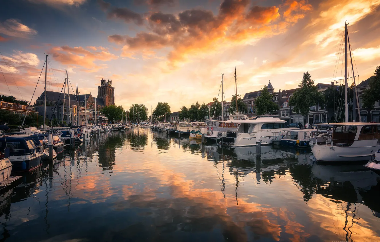 Photo wallpaper home, Netherlands, boat, yacht, tower, Dordrecht, harbour