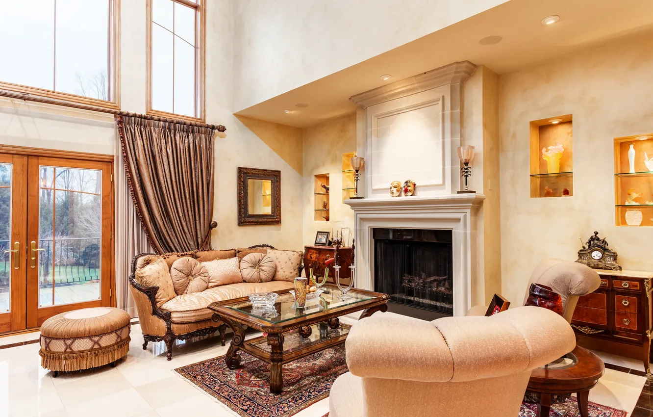 Photo wallpaper design, chair, fireplace, living room, decor