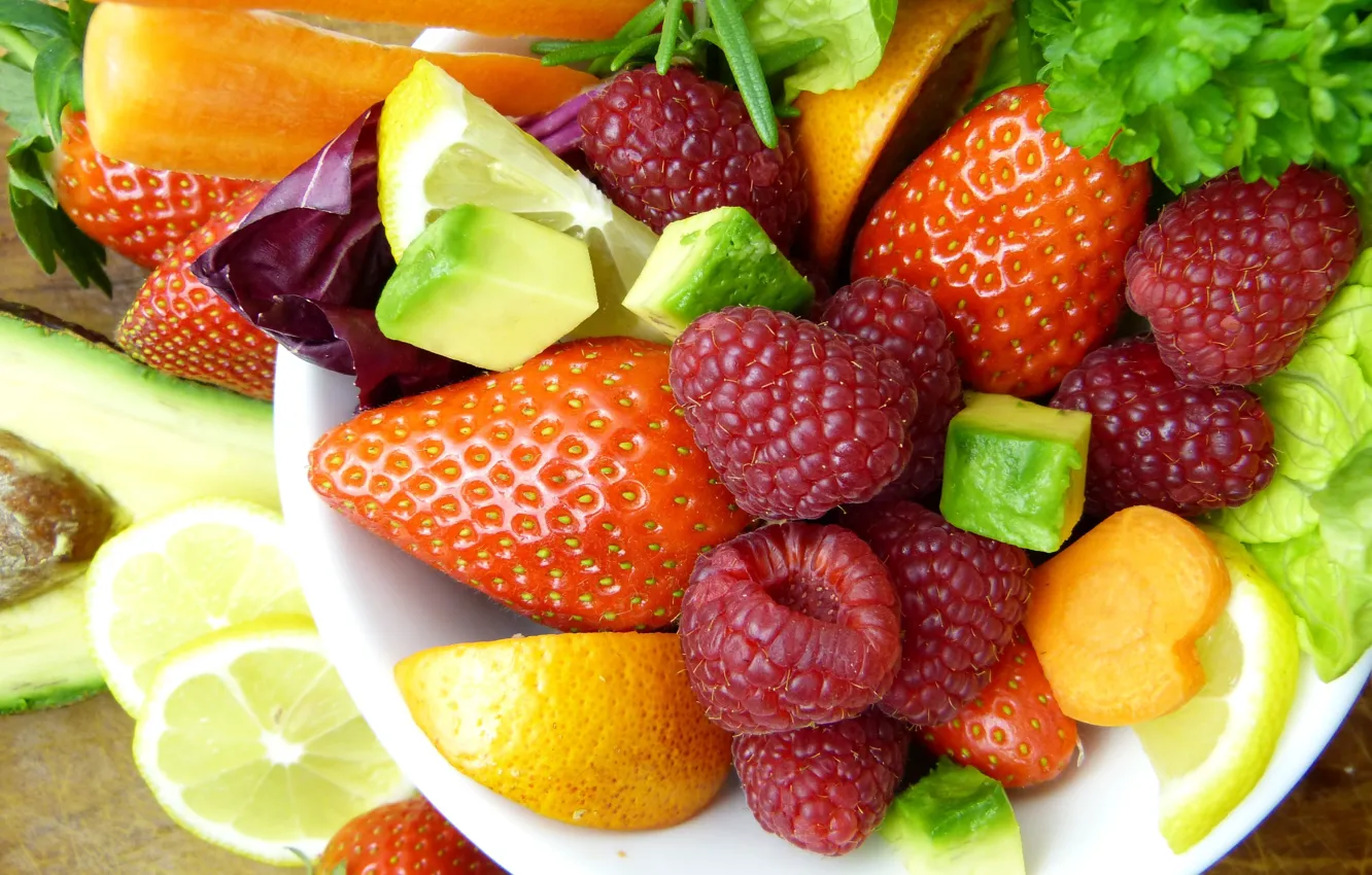Photo wallpaper greens, close-up, berries, raspberry, strawberry, pieces, bowl, fruit