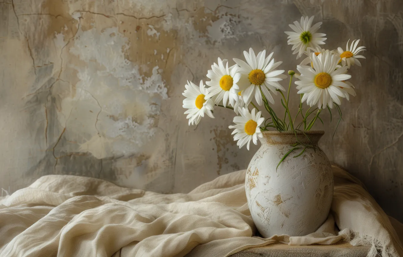 Photo wallpaper flowers, wall, chamomile, bouquet, fabric, vase, pitcher, white