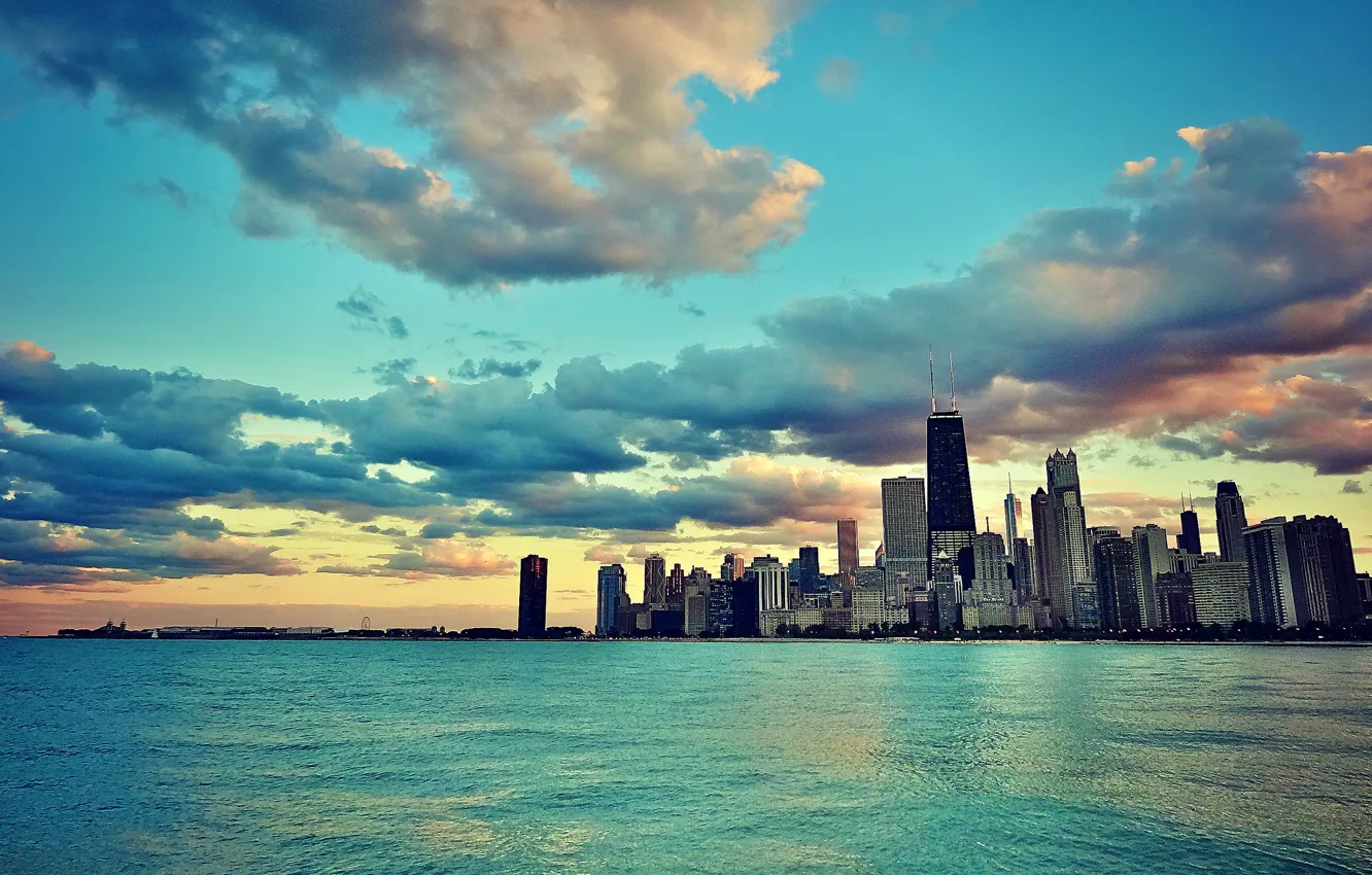 Photo wallpaper the sky, water, building, skyscrapers, USA, America, Chicago, Chicago