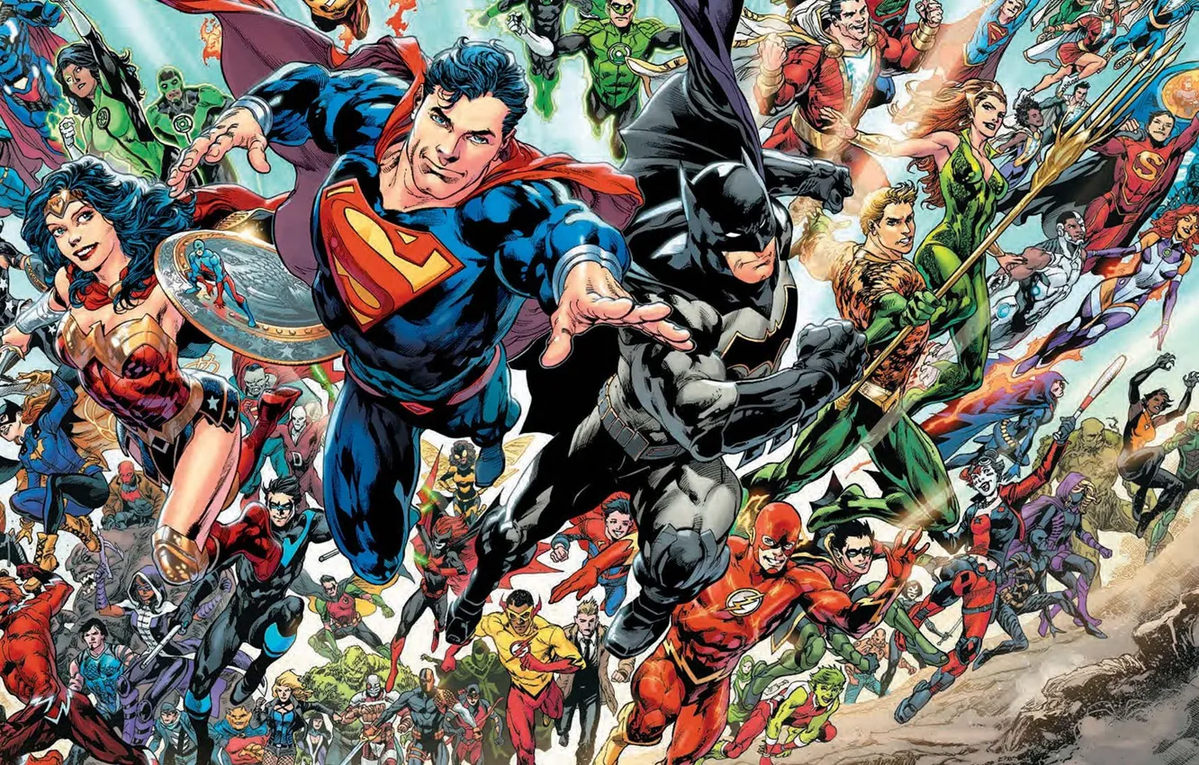 Photo wallpaper batman, superman, heroes, wonder woman, flash, dc comics, green arrow, JLA