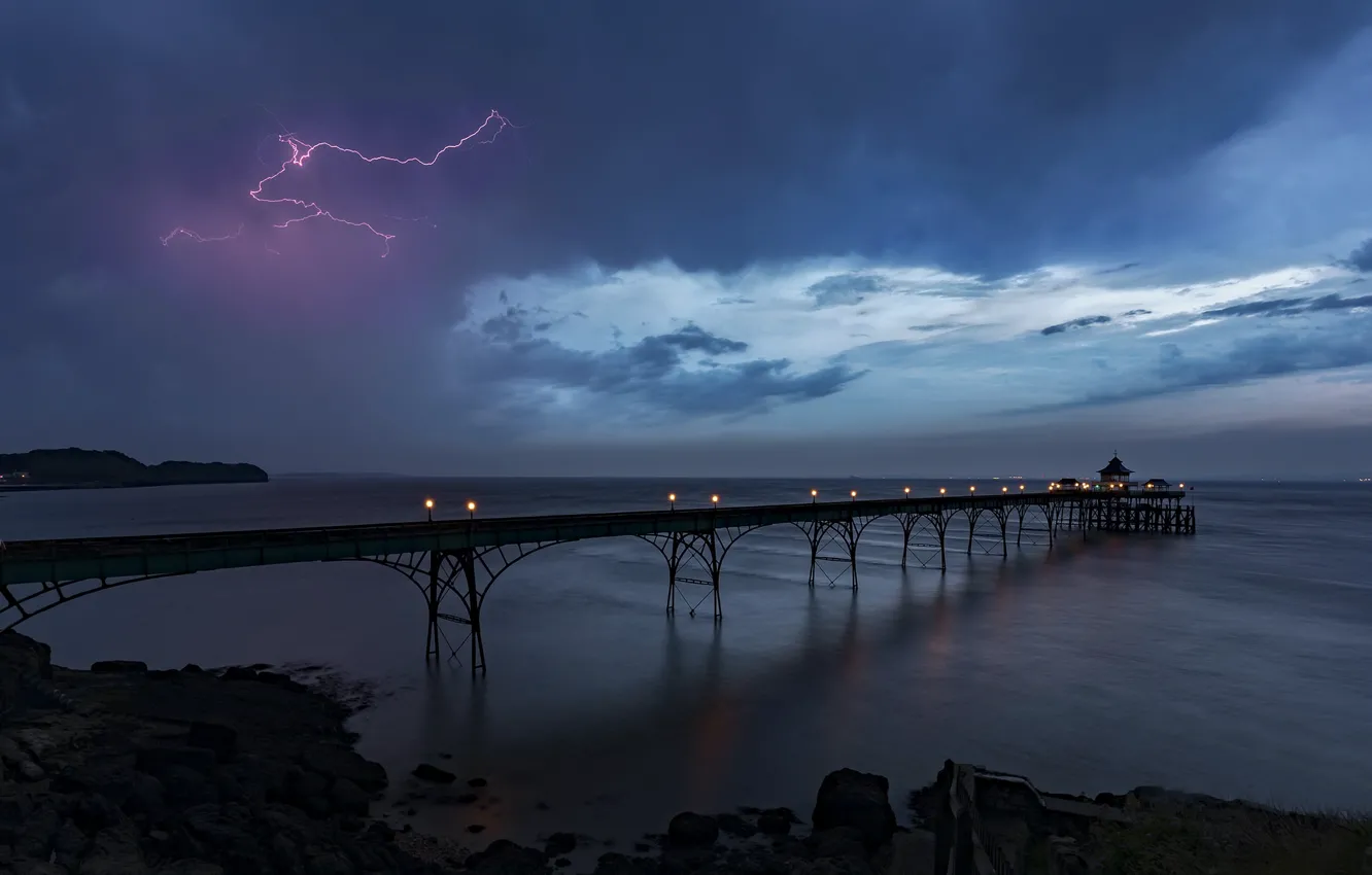 Photo wallpaper Clevedon Pier, Lightning Storm, Somerse