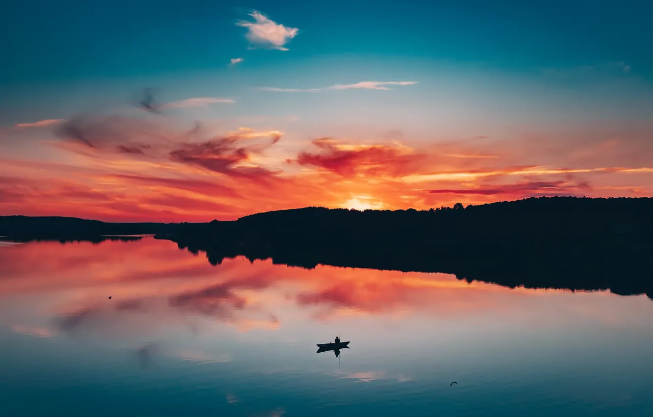 Photo wallpaper sunset, nature, lake, shore, boat, fisherman