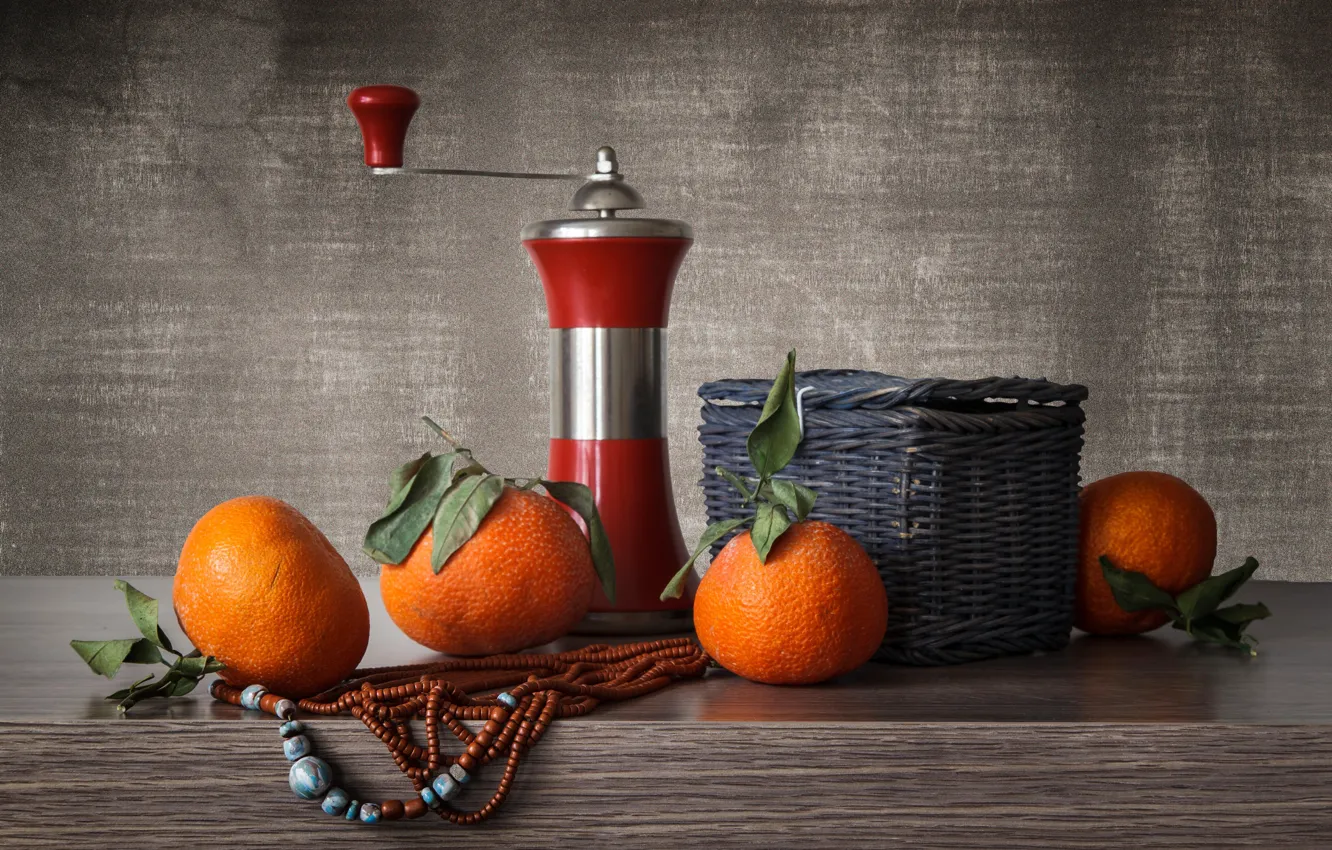 Photo wallpaper beads, tangerines, coffee grinder