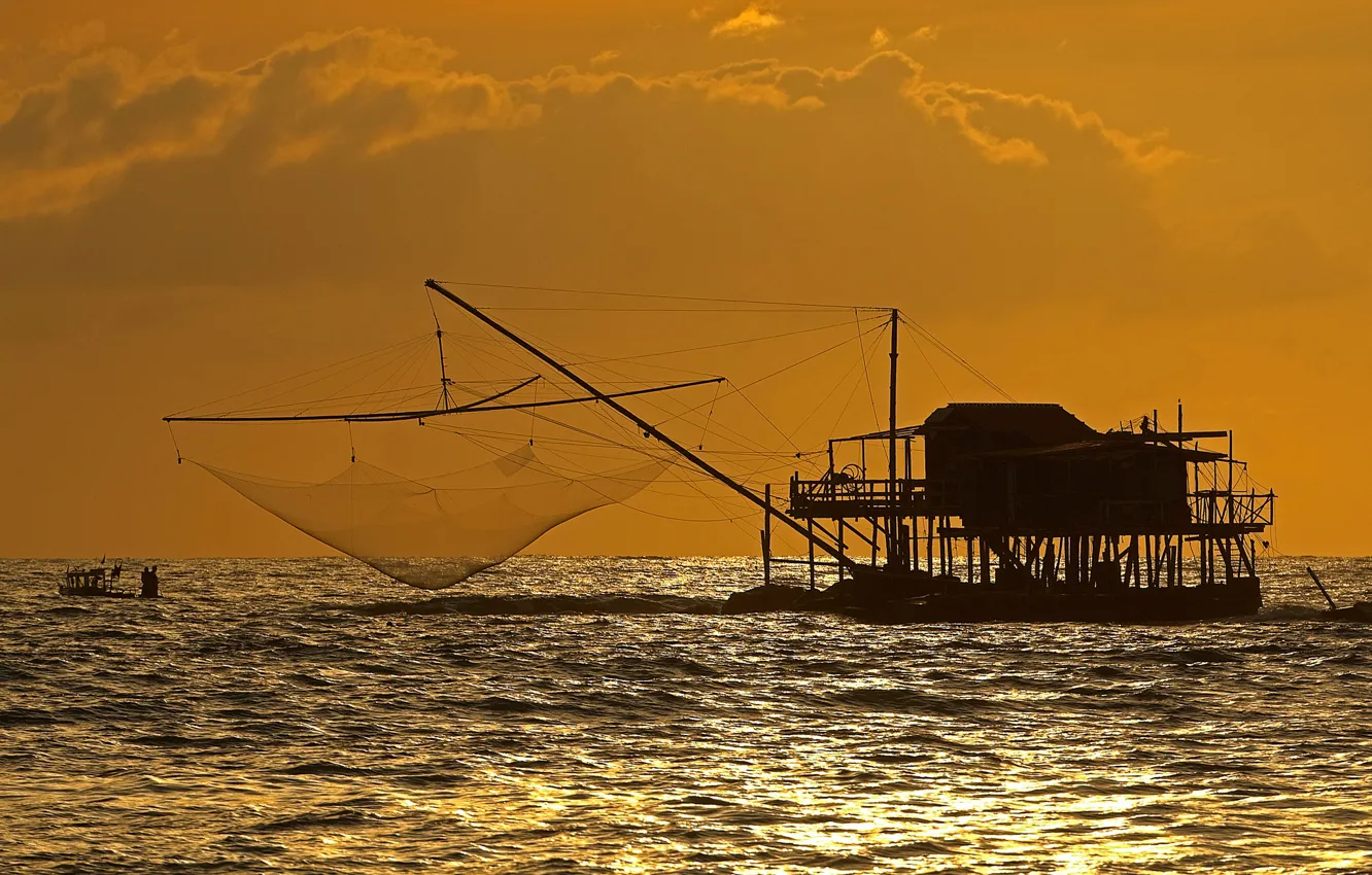 Photo wallpaper sea, clouds, fishing, silhouette, Italy, Tuscany, Marina di Pisa