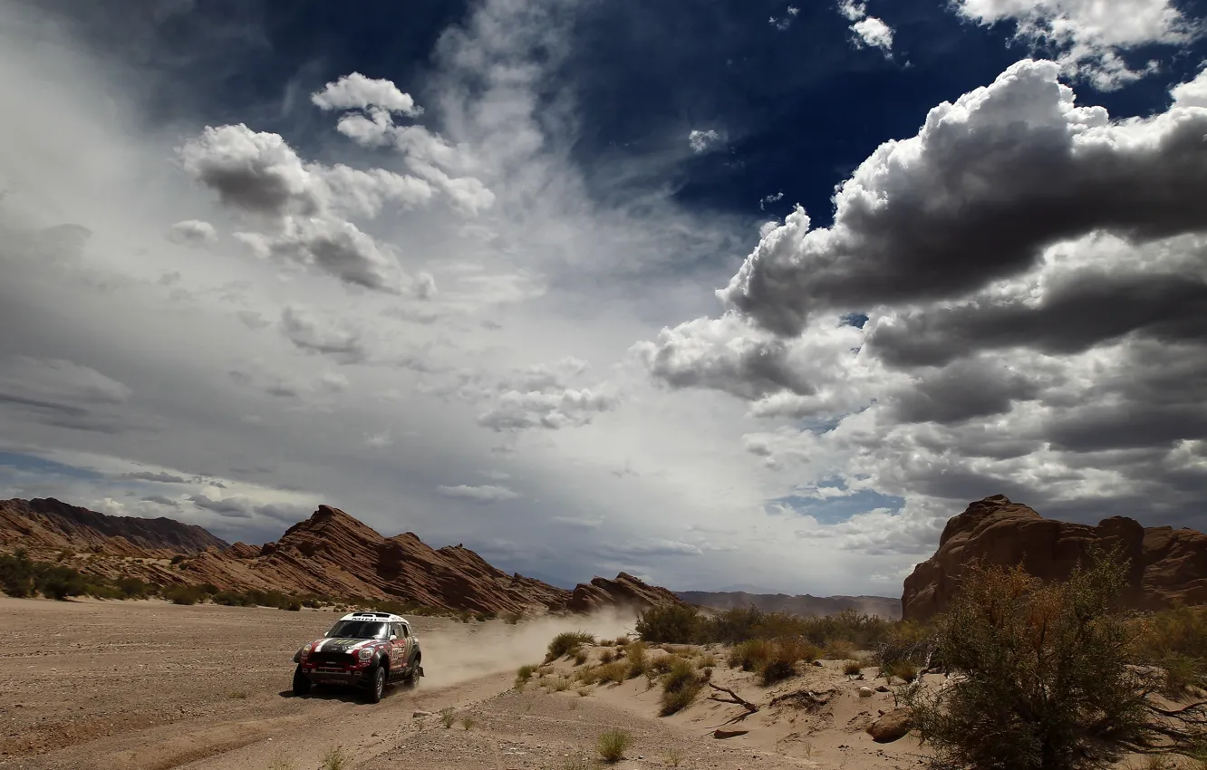 Photo wallpaper The sky, Red, Clouds, Desert, Mini Cooper, Rally, Dakar, MINI