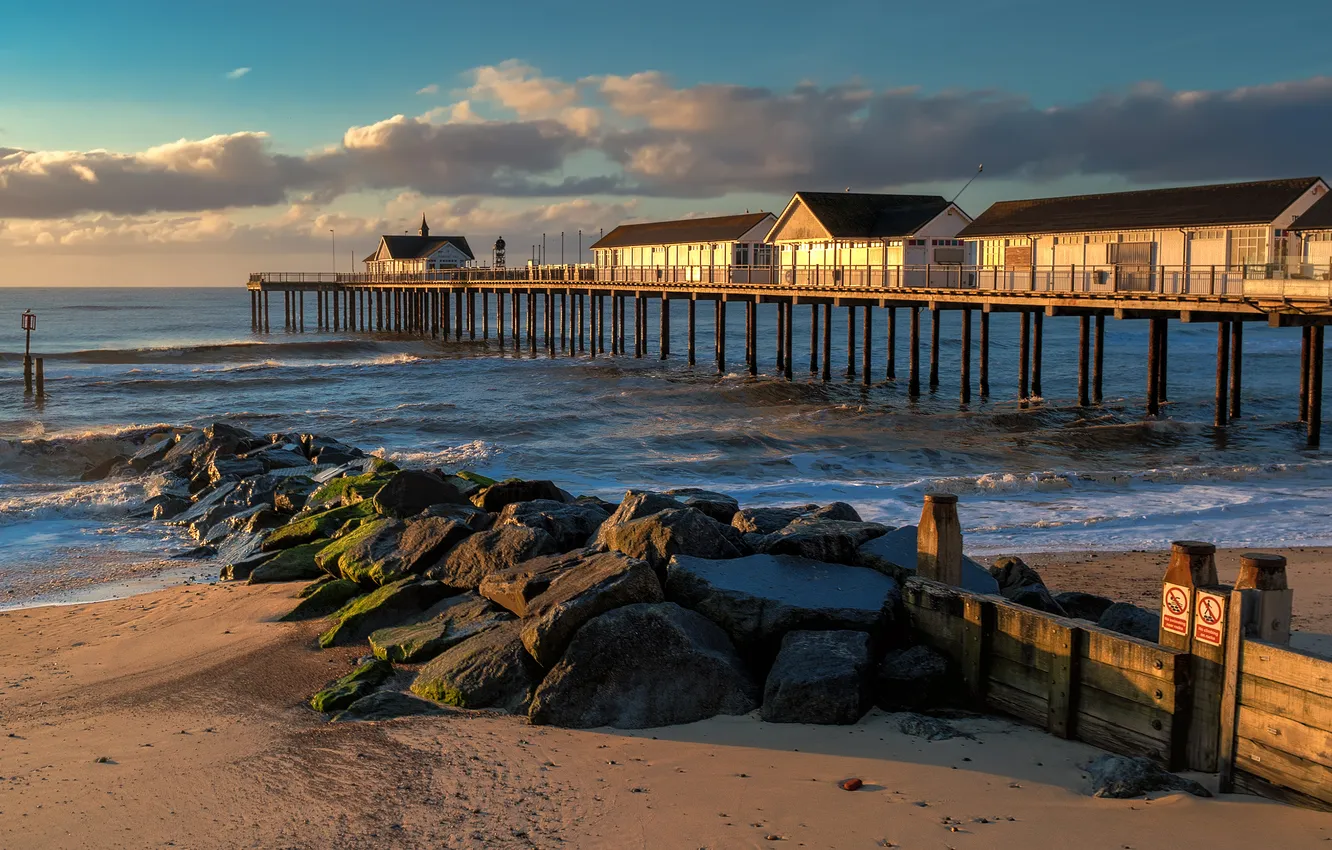 Photo wallpaper sand, sea, wave, the sky, clouds, light, bridge, stones