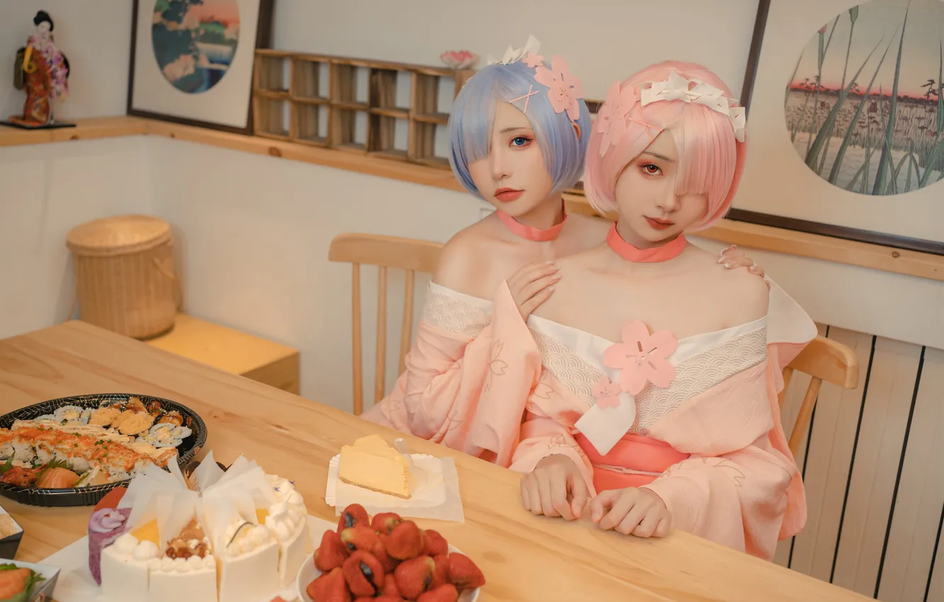 Photo wallpaper food, Asian, cutie, blue hair, cosplay, cosplay, asian, pink hair