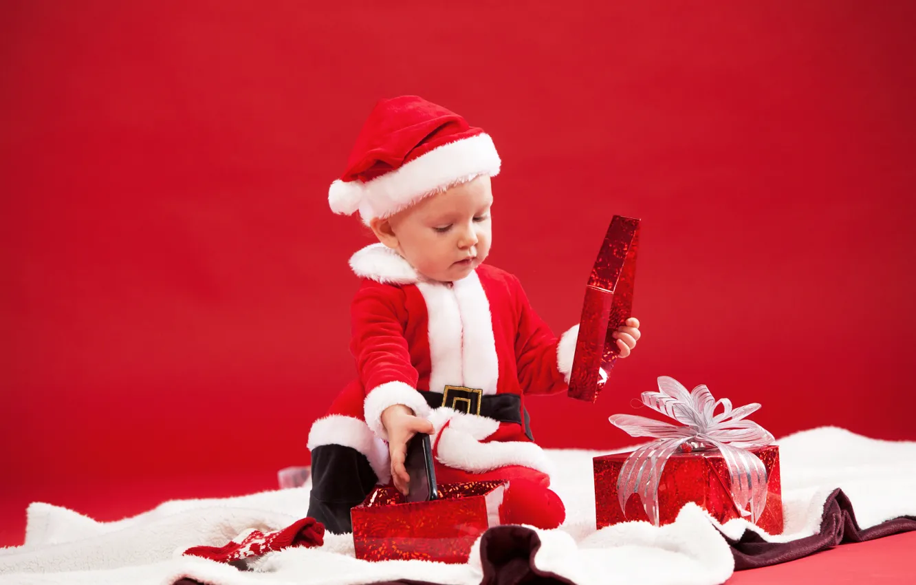Photo wallpaper child, boy, Christmas, costume, gifts, New year, fur, red