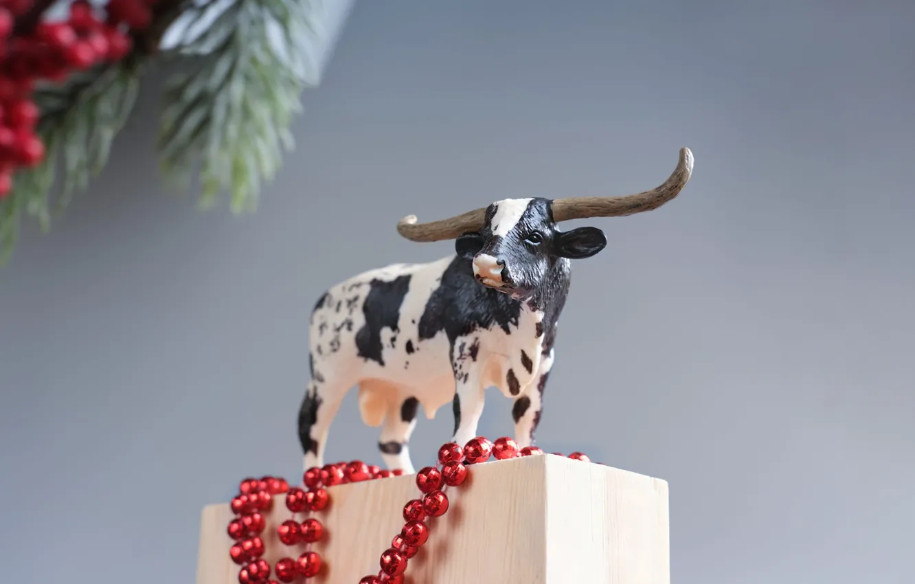 Photo wallpaper holiday, black and white, toy, cow, Christmas, New year, horns, beads