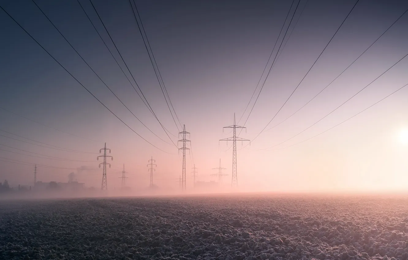 Photo wallpaper field, fog, power lines