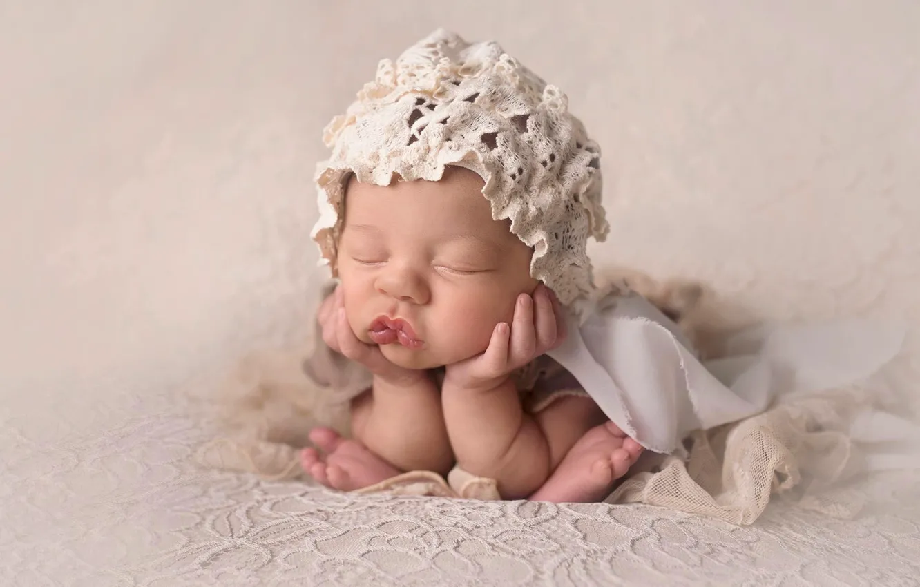 Photo wallpaper children, sleep, sleeping, girl, cap, baby, face