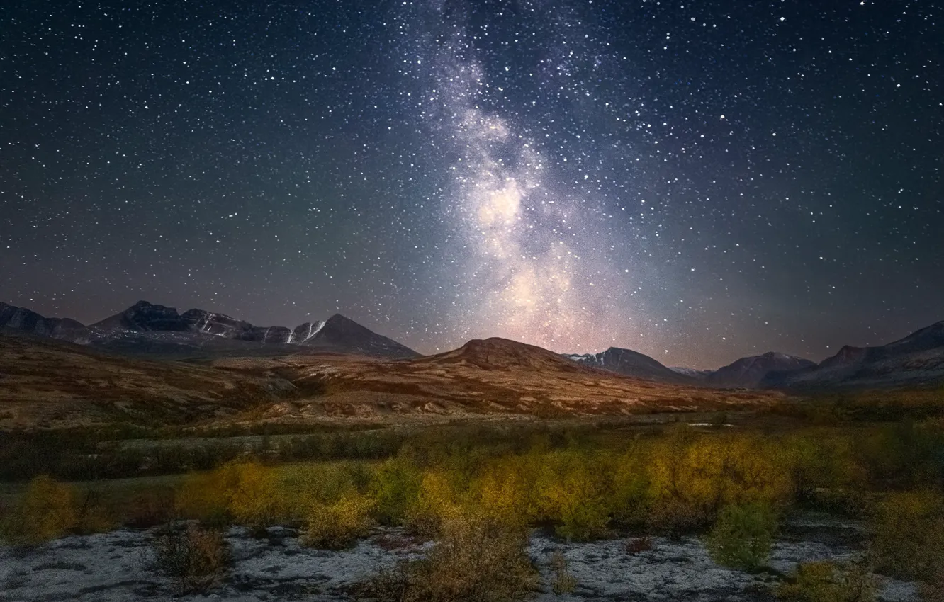 Photo wallpaper autumn, mountains, stars, Norway, the bushes, Norway, starry sky, Rondane National Park