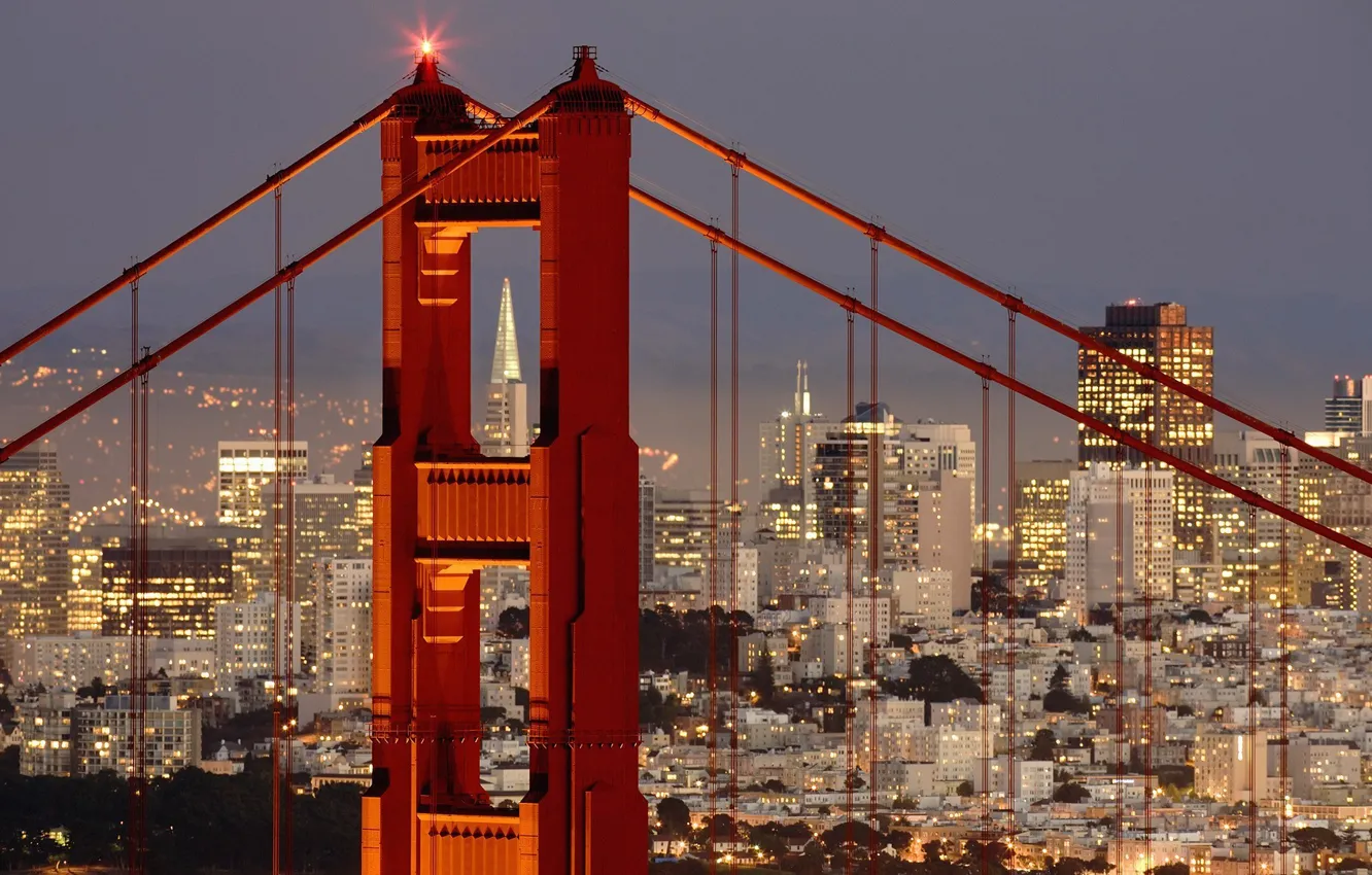 Photo wallpaper city, lights, Golden Gate Bridge, landscape, bridge, sunset, panorama, night