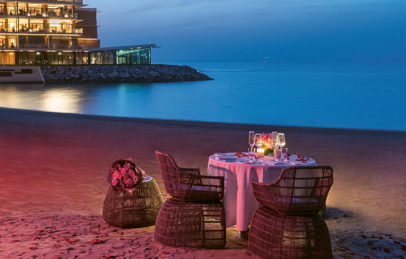 Photo wallpaper flowers, mood, the ocean, romance, glass, the evening, candles, petals