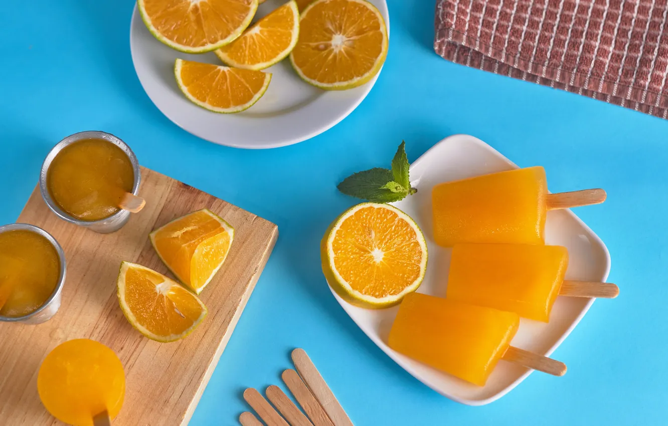 Photo wallpaper glass, table, orange, food, towel, sticks, plate, ice cream