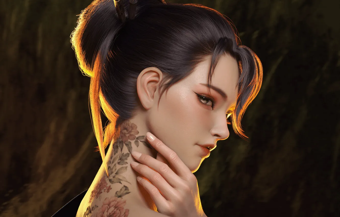 Photo wallpaper look, girl, Japanese, hand, tattoo, art