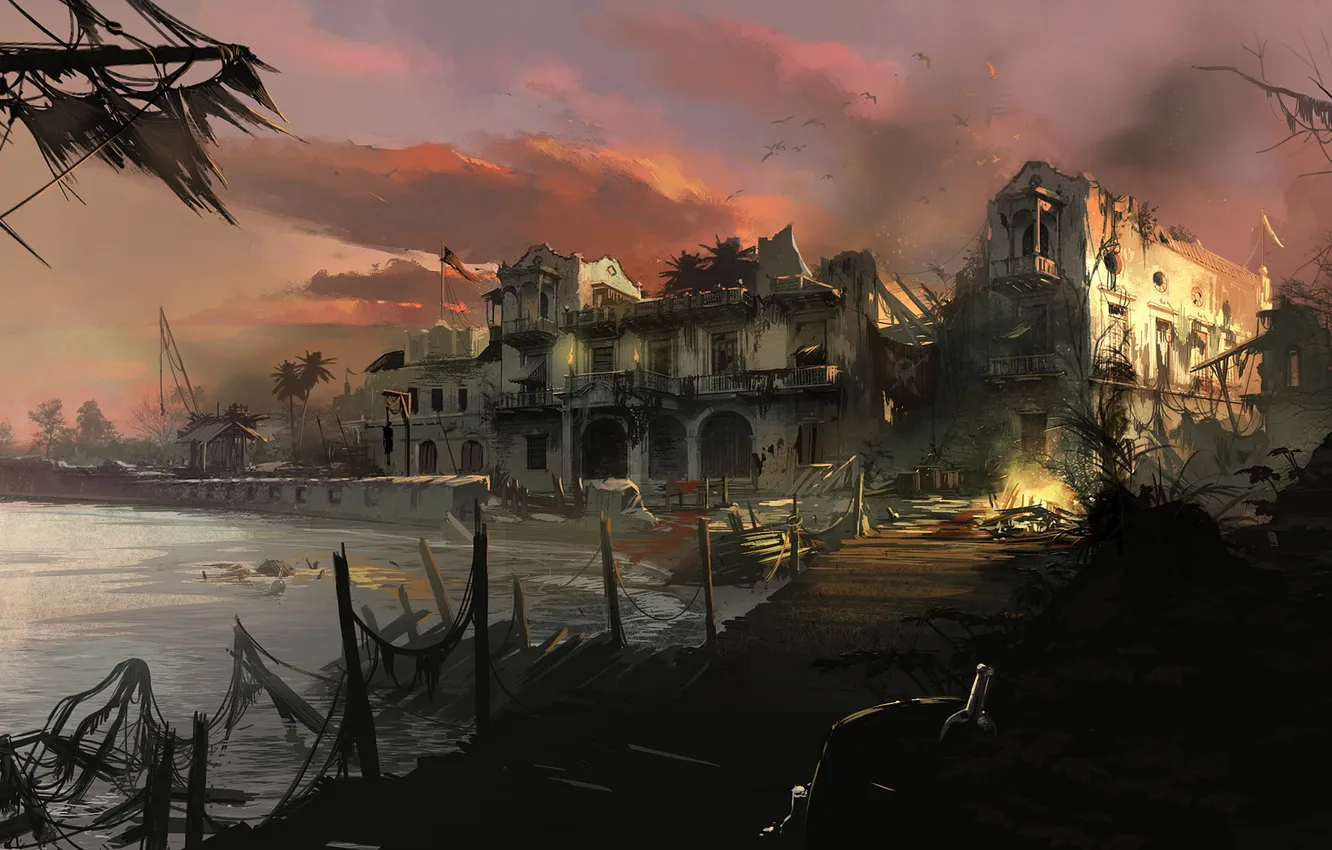 Photo wallpaper sea, building, the evening, Black Flag, Assassin's Creed IV: Black Flag