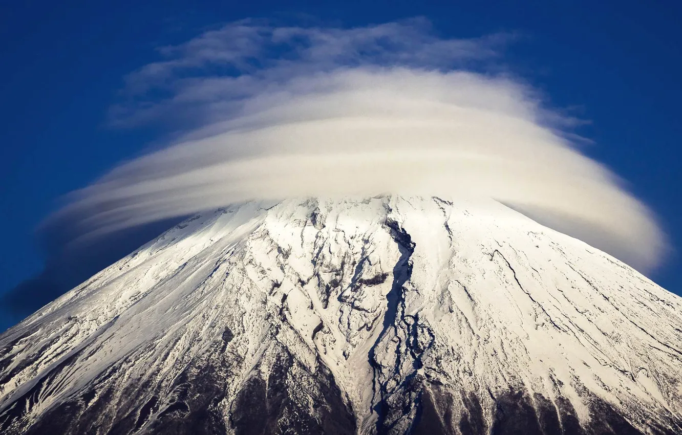 Photo wallpaper clouds, snow, mountain, Japan, Fuji