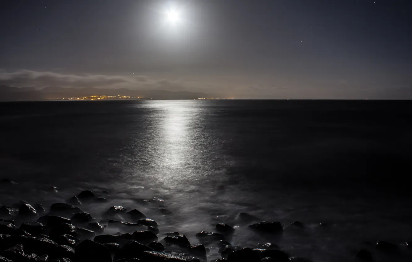 Photo wallpaper sea, the sky, landscape, night, the moon