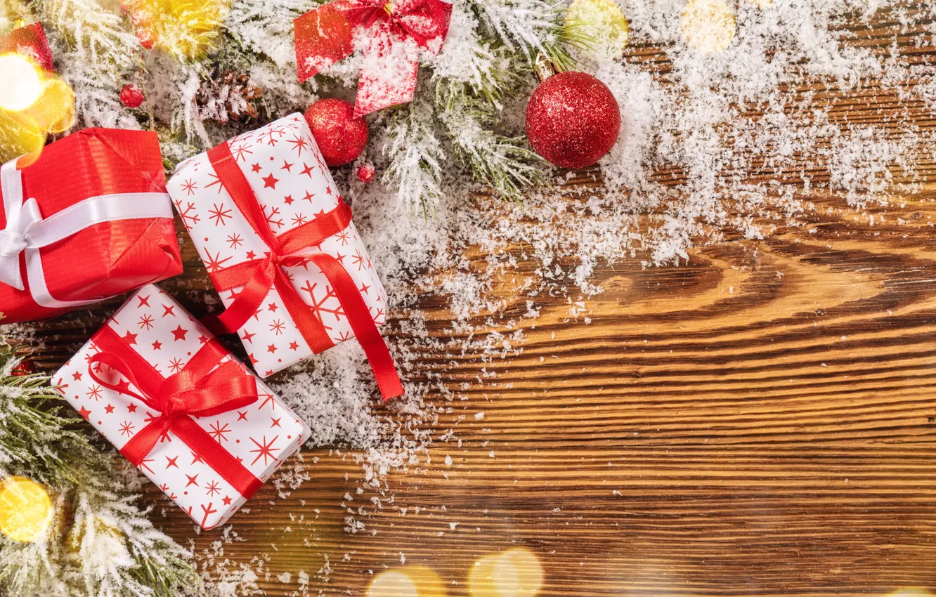 Photo wallpaper snow, decoration, gift, new year, Christmas, Christmas, wood, snow