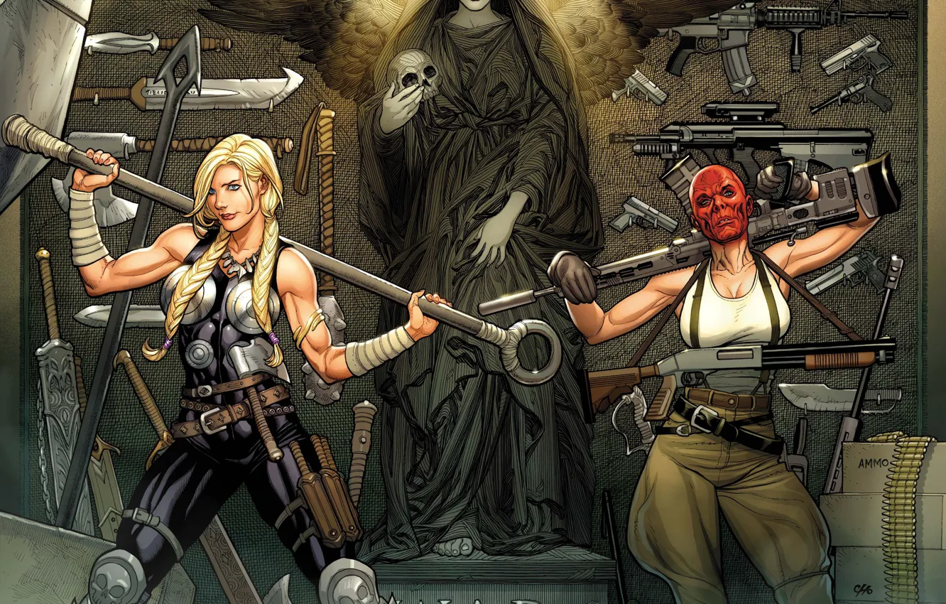 Photo wallpaper girl, death, gun, weapons, skull, wings, sword, art