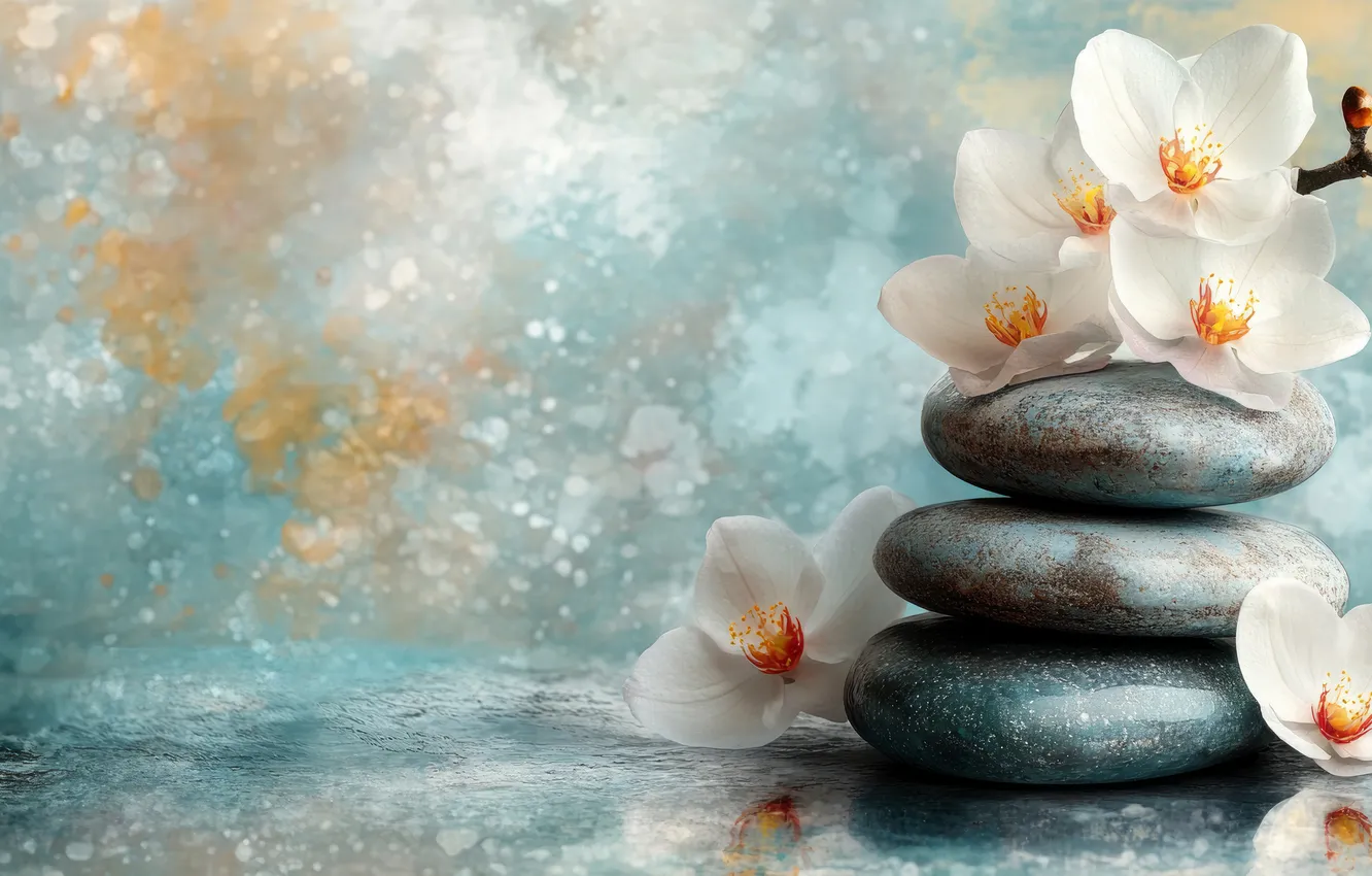 Photo wallpaper flowers, pebbles, stones, texture, white, Orchid, blue background, AI art