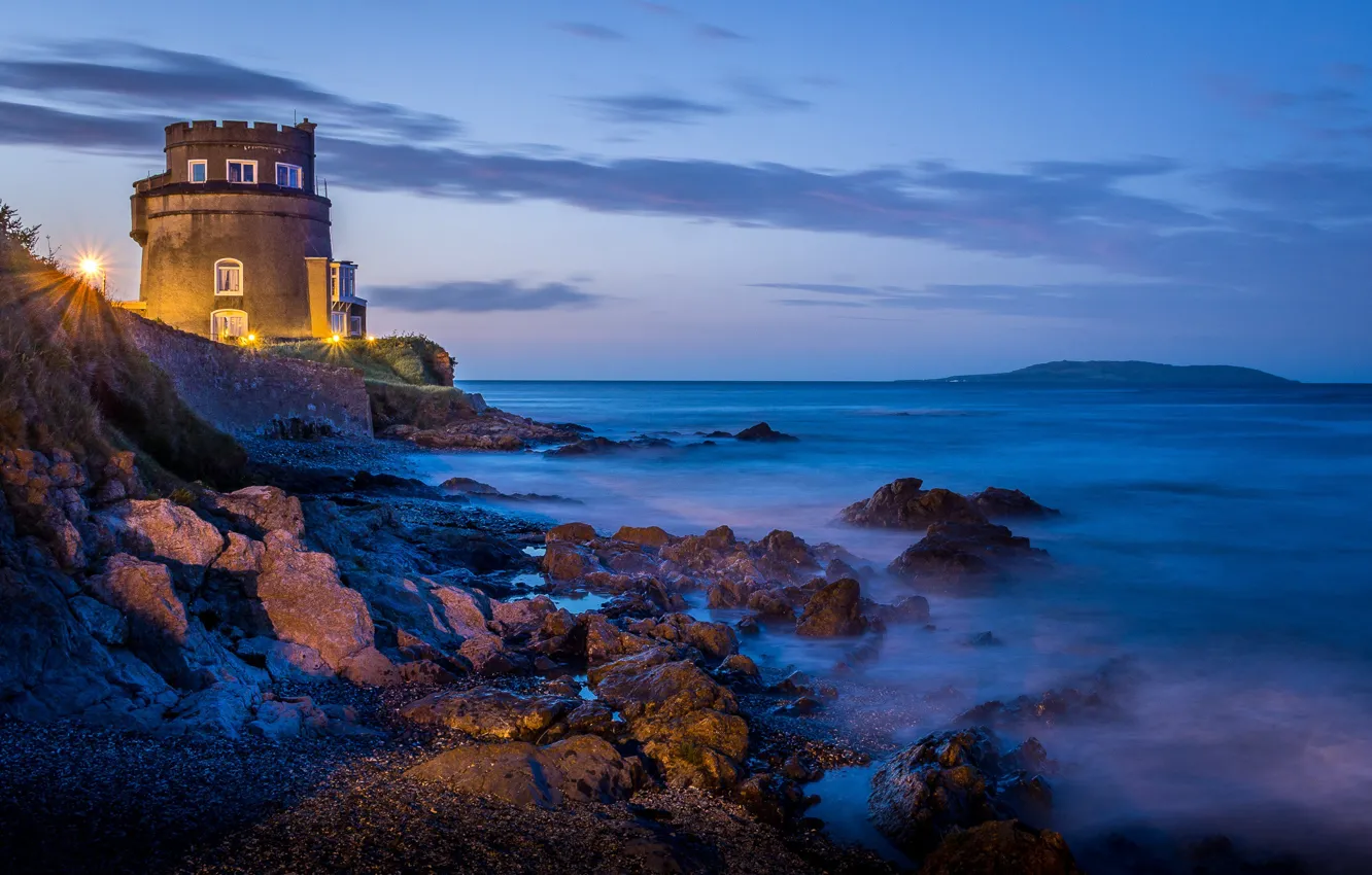 Photo wallpaper landscape, nature, shore, tower, the evening, lighting, Ireland, Martello Tower