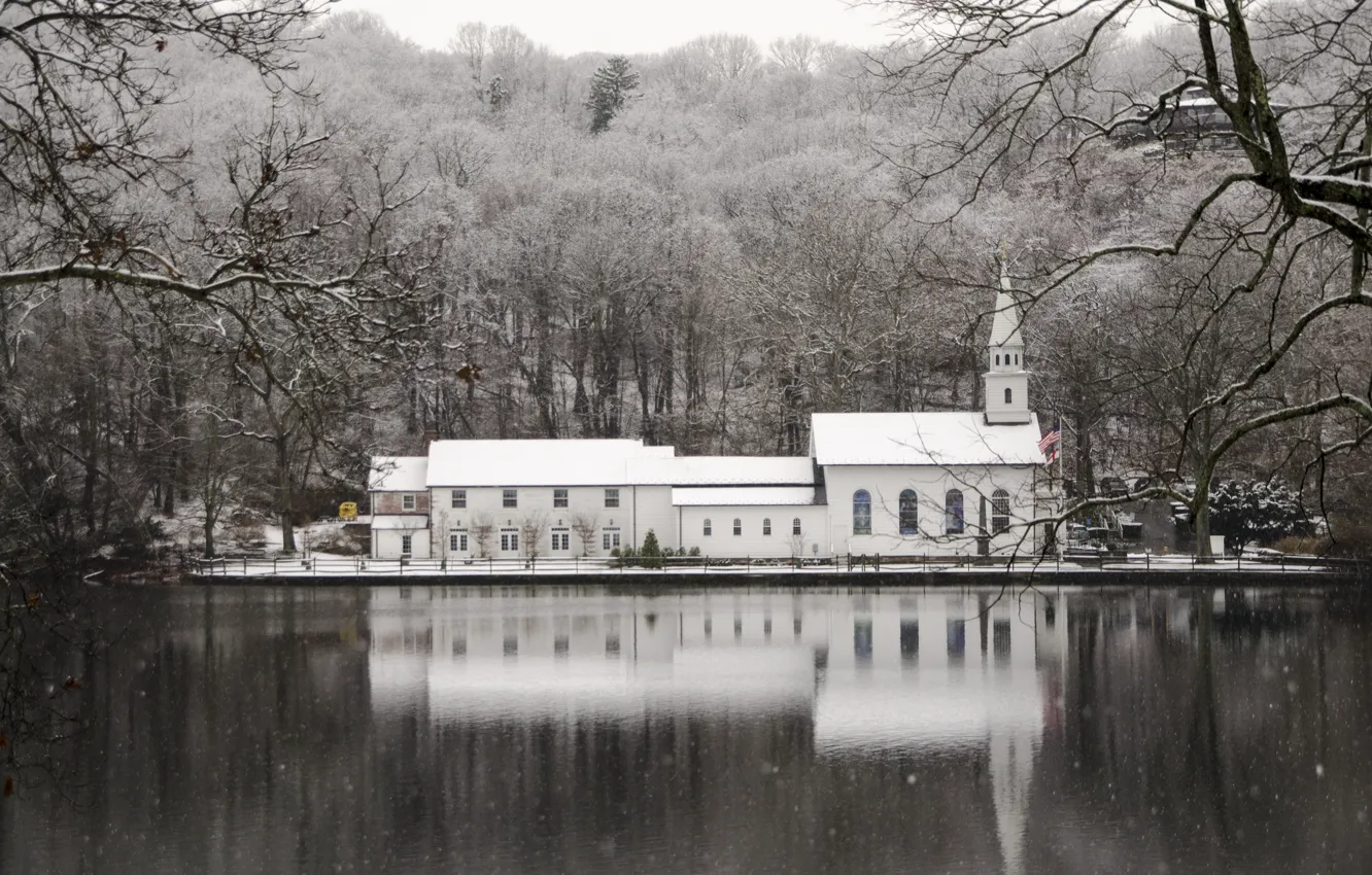 Photo wallpaper snow, lake, reflection, Church, lake, reflection, church, snowing