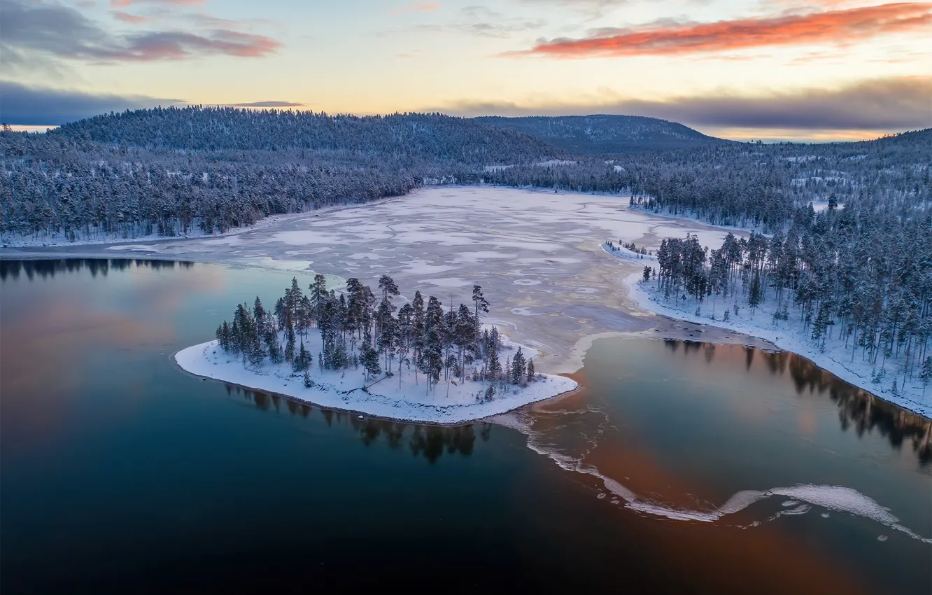 Photo wallpaper ice, winter, forest, lake, island, panorama, Finland, Lapland