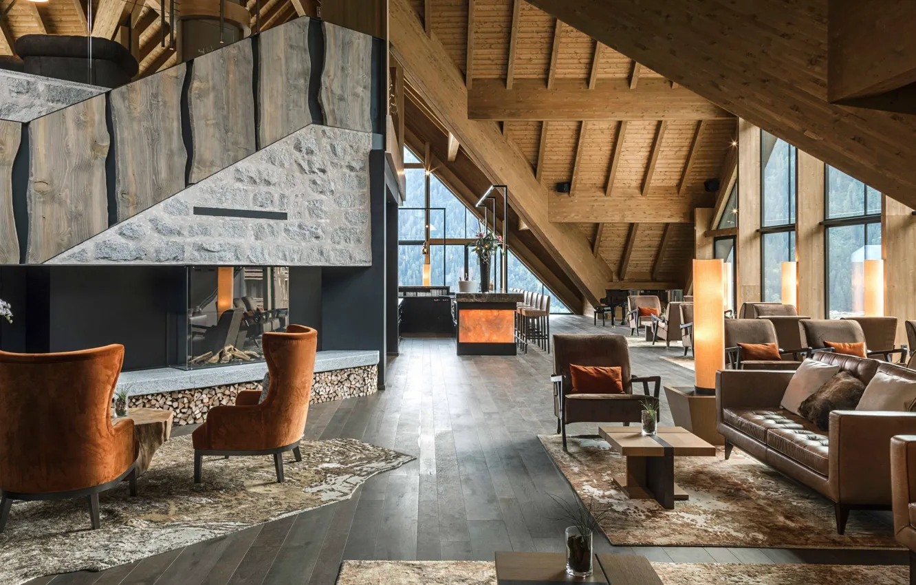 Photo wallpaper design, style, interior, bar, Italy, fireplace, piano, living room