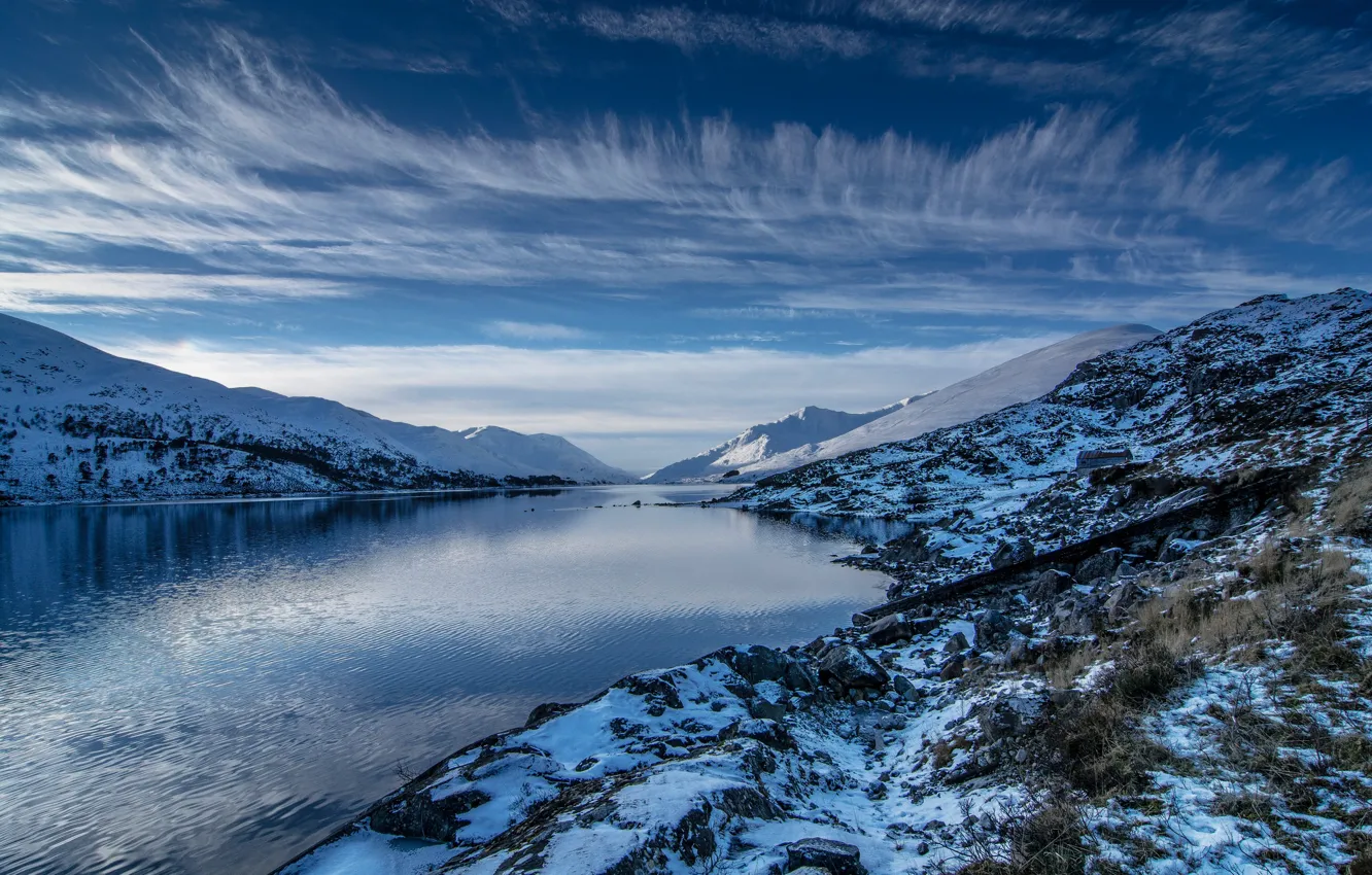 Photo wallpaper clouds, mountains, lake, Scotland, Mullardoch