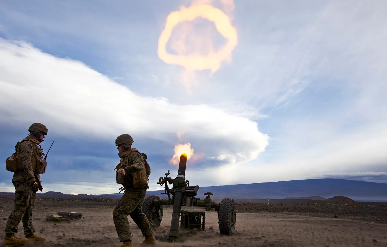 Photo wallpaper field, the sky, shot, soldiers, volley, mortar, Mortar