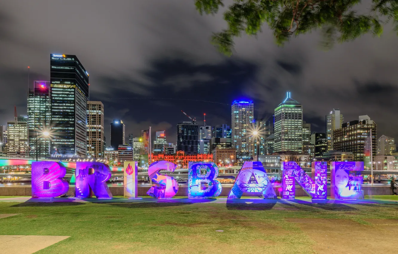 Photo wallpaper night, lights, skyscrapers, Australia, megapolis, Brisbane